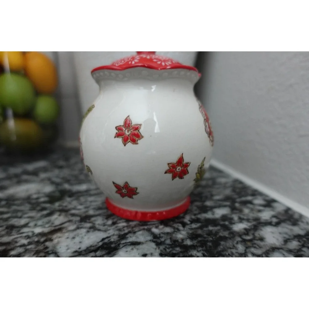 Dutch Wax Coastline‎ Imports Red Floral Handpainted Ceramic Sugar Bowl with Lid